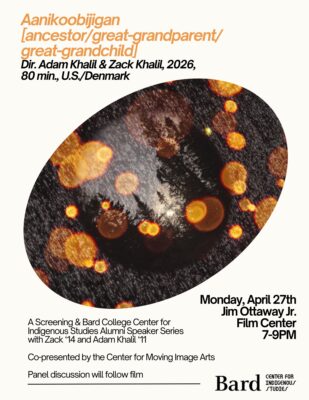 Aanikoobijigan poster with an ellipse image of dark brown and orange spots.